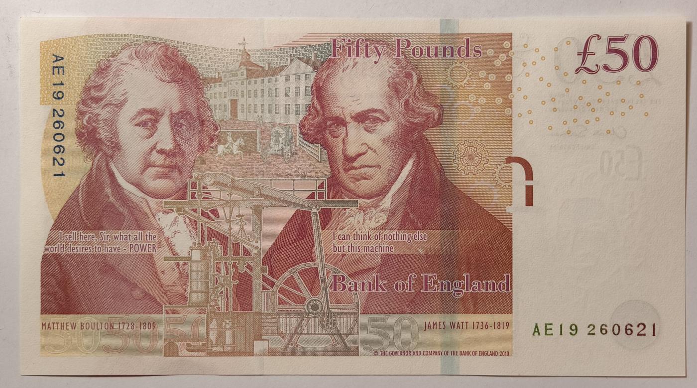 紫瑗钱币——第345期拍卖——纸币场 英国2010年 F序列 工程师瓦特(蒸汽机发明者)和其推广合作者博尔顿 50镑 UNC