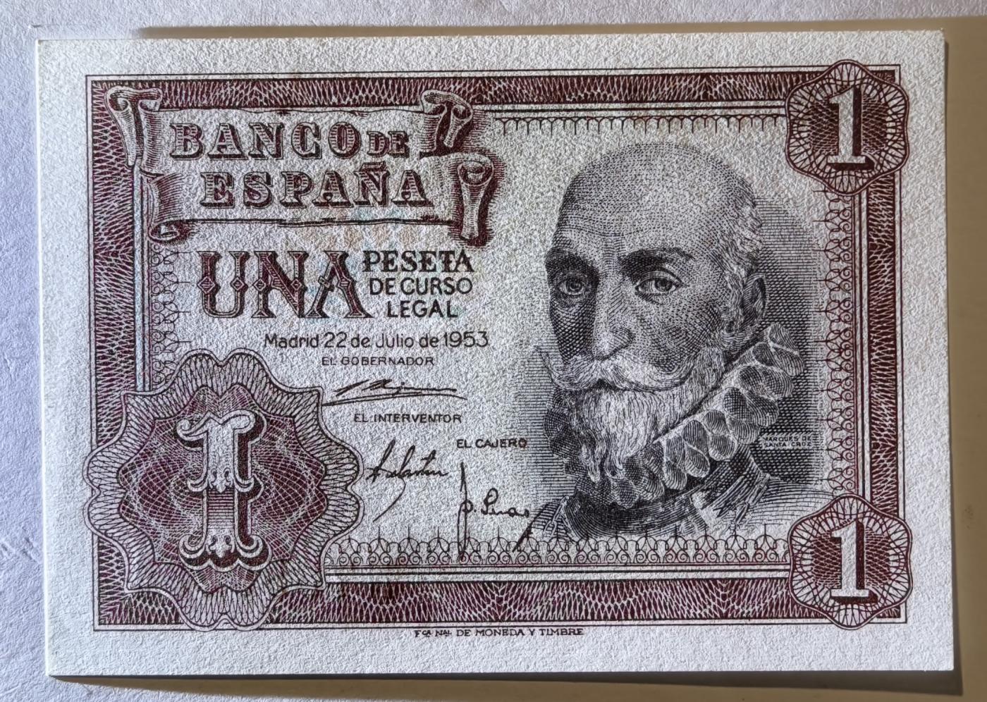 紫瑗钱币——第345期拍卖——纸币场 西班牙 1953年 阿尔瓦罗 1比塞塔 UNC (p-144a)