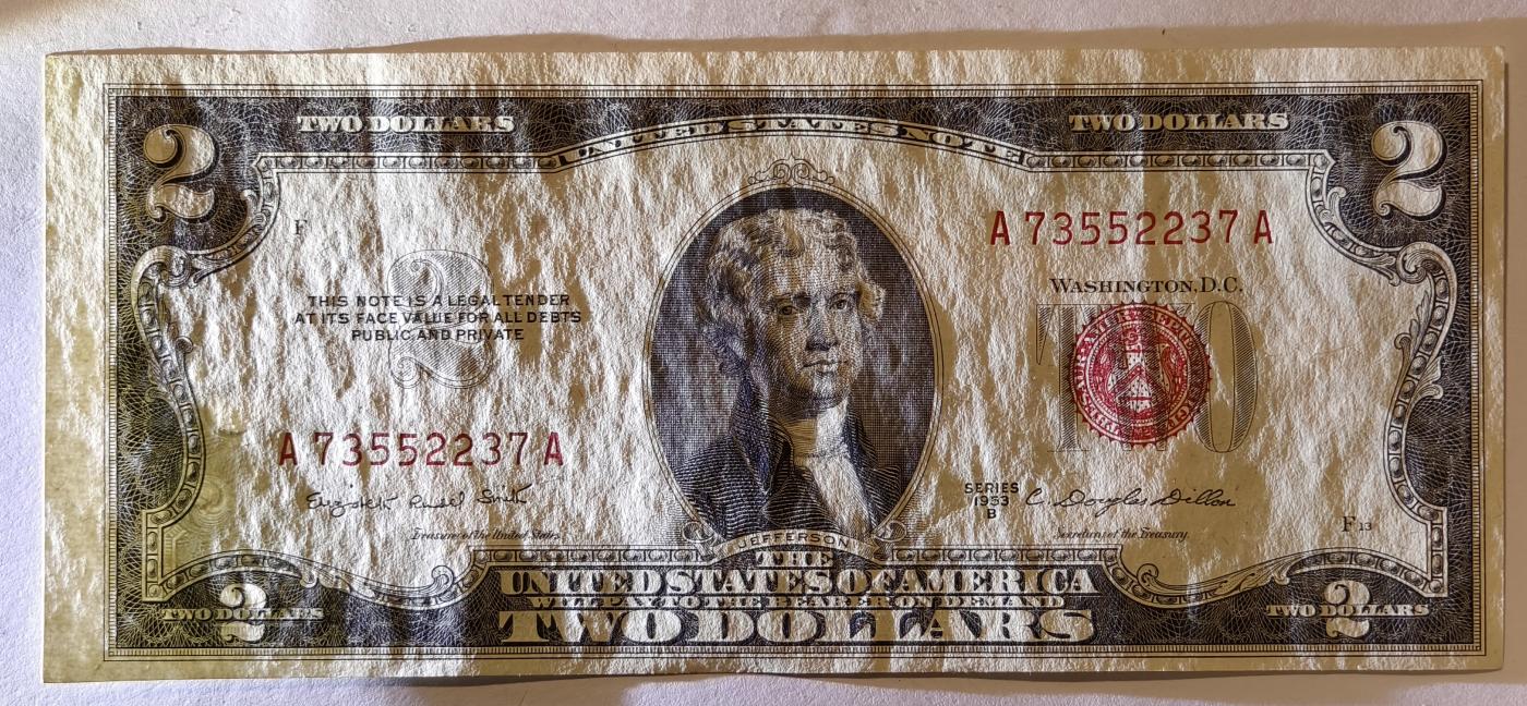紫瑗钱币——第345期拍卖——纸币场 美国 1953年 B序列 托马斯·杰斐逊 2美元 红印 政府券 AU