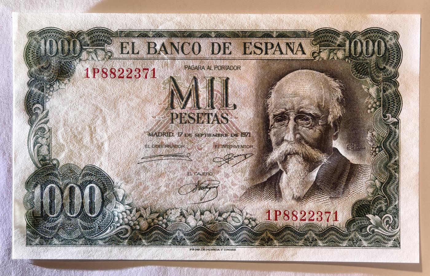 紫瑗钱币——第345期拍卖——纸币场 西班牙 1971(1974)年 何塞·埃切加赖 1000比塞塔 UNC (P-154)