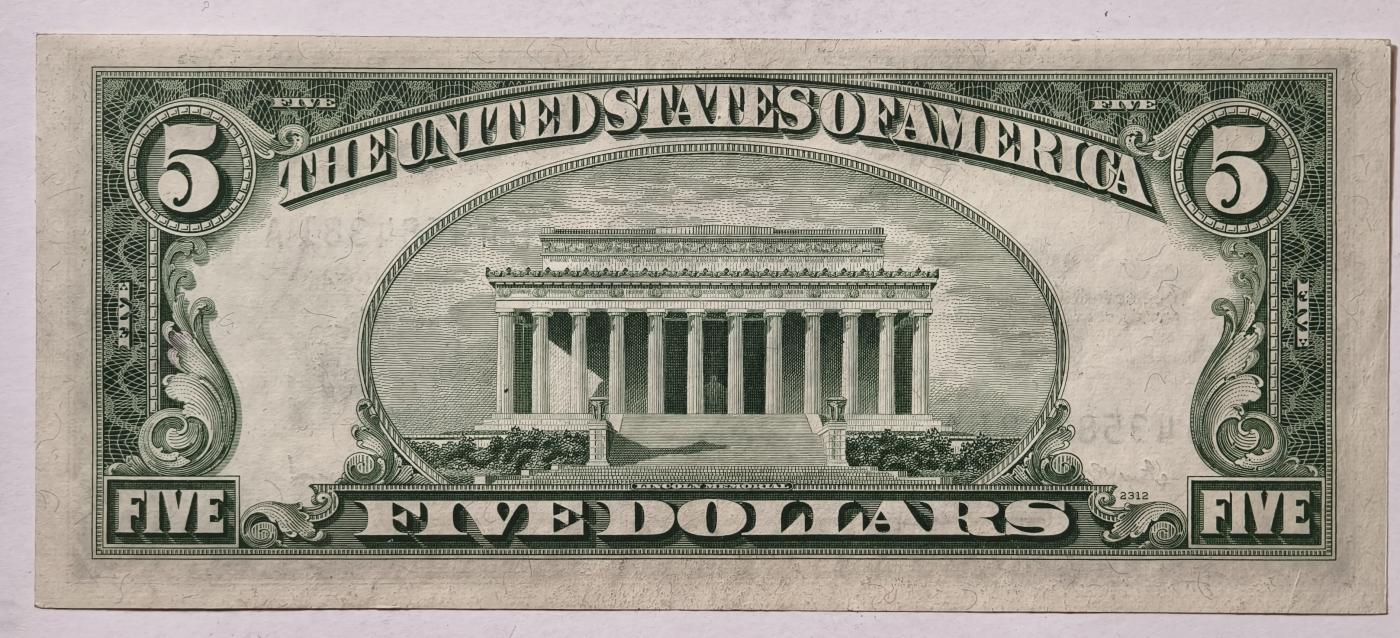 紫瑗钱币——第345期拍卖——纸币场 美国 1953年 A序列 亚伯拉罕·林肯 5美元 蓝印 银元券 AU 有字迹