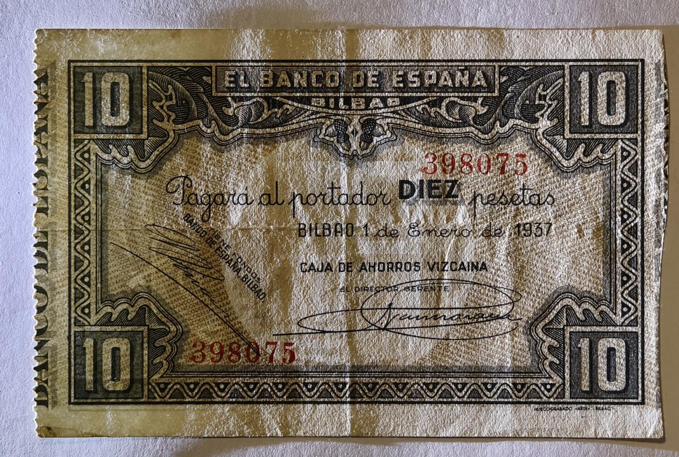 紫瑗钱币——第345期拍卖——纸币场 西班牙 1937年 内战时期 毕尔巴鄂 内战比塞塔 10比塞塔  AU