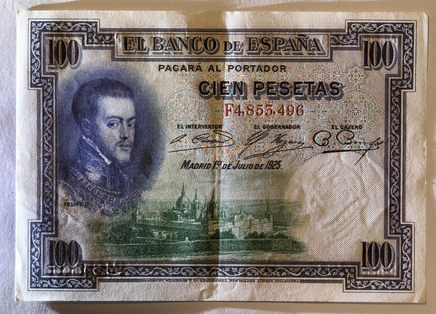 紫瑗钱币——第345期拍卖——纸币场 西班牙 1925年 油画《腓力二世的座椅》 100比塞塔 AU