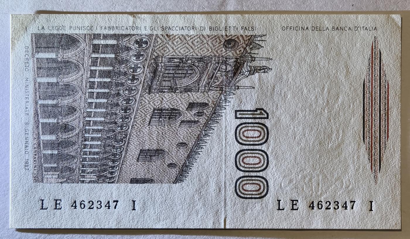 紫瑗钱币——第345期拍卖——纸币场 意大利 1982年 达·芬奇 1000里拉 UNC