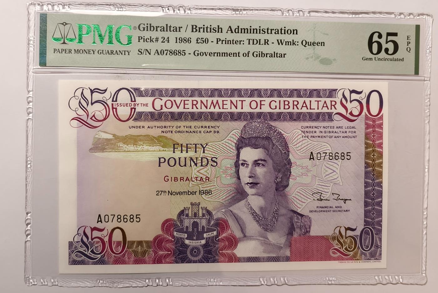 紫瑗钱币——第345期拍卖——纸币场 【首发A冠PMG 65EPQ】 直布罗陀 1986年 伊丽莎白二世 高冠 50磅（p-24）