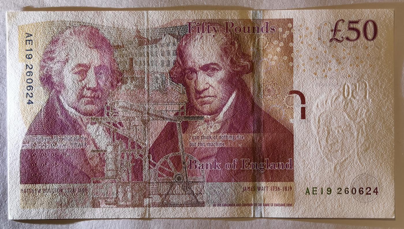 紫瑗钱币——第345期拍卖——纸币场 英国2010年 F序列 工程师瓦特(蒸汽机发明者)和其推广合作者博尔顿 50镑 UNC