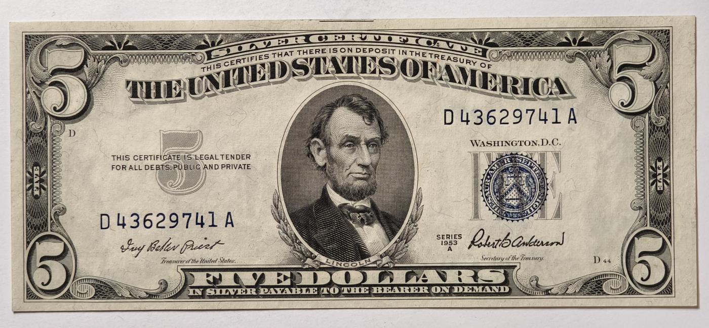 紫瑗钱币——第345期拍卖——纸币场 美国 1953年 A序列 亚伯拉罕·林肯 5美元 蓝印 银元券 AU