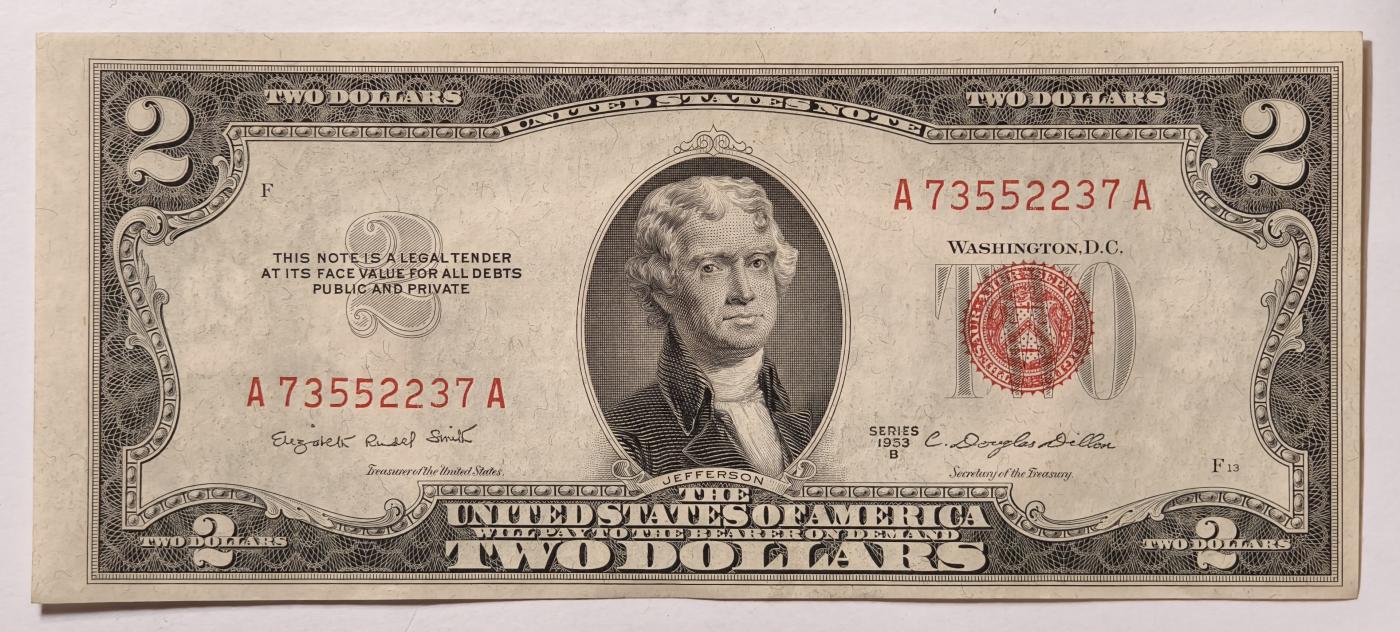 紫瑗钱币——第345期拍卖——纸币场 美国 1953年 B序列 托马斯·杰斐逊 2美元 红印 政府券 AU