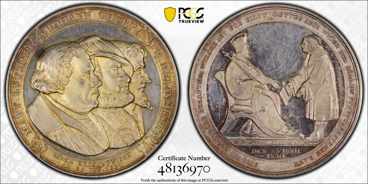 万国钱币拍卖第025期（槐月至·百币艳） PCGS SP63 1900年德国萨克森奥格斯堡忏悔300周年纪念大银章 正面改革主线人物路德、约翰和梅拉奇通 背面新旧教派交接现场 奥格斯堡忏悔系列里的名誉品种 欧洲拍卖裸章起拍价为500欧 40MM 29G
