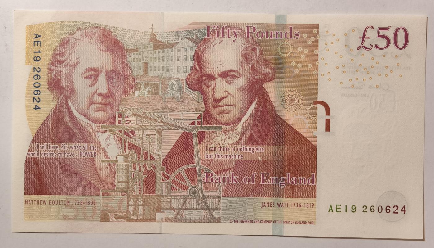 紫瑗钱币——第345期拍卖——纸币场 英国2010年 F序列 工程师瓦特(蒸汽机发明者)和其推广合作者博尔顿 50镑 UNC