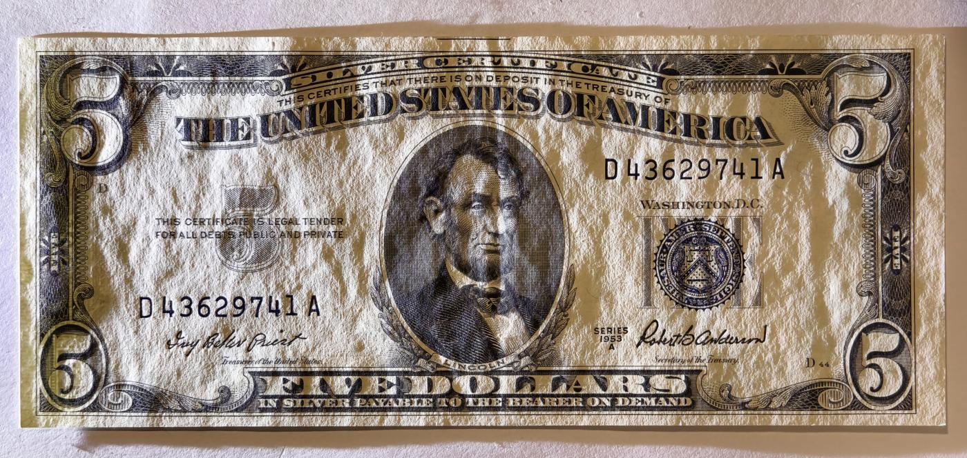 紫瑗钱币——第345期拍卖——纸币场 美国 1953年 A序列 亚伯拉罕·林肯 5美元 蓝印 银元券 AU