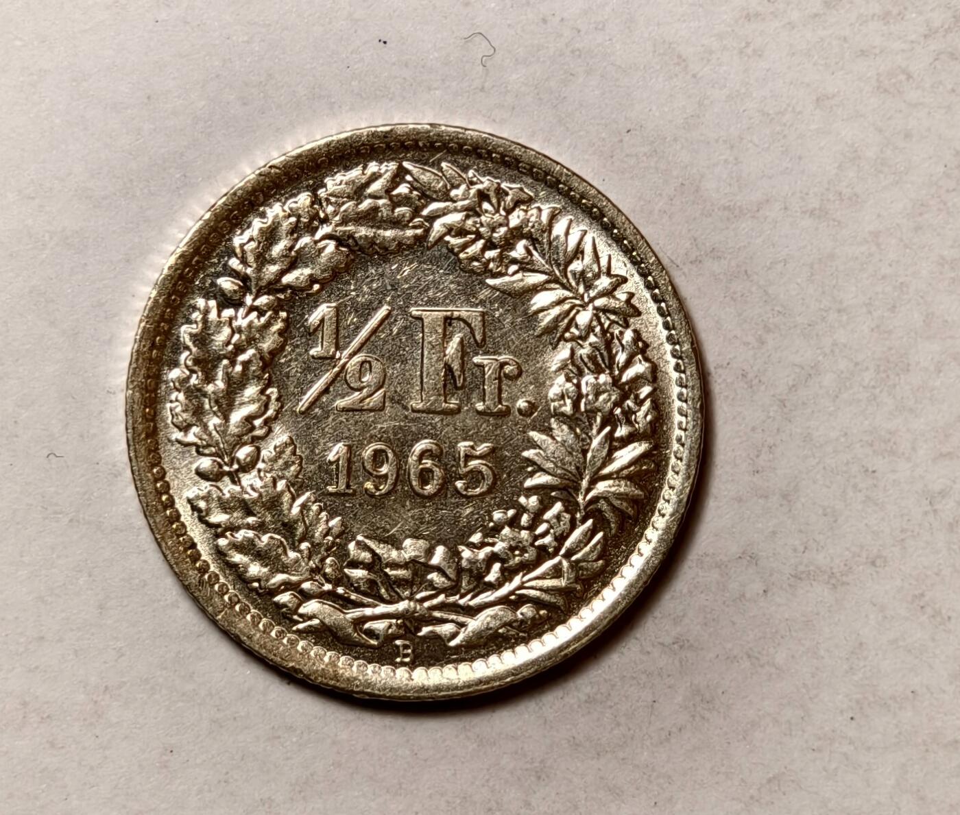 紫瑗钱币——第346期拍卖 瑞士  1965年 B版  赫尔维蒂女神 1/2法郎  2.5克 0.835银 UNC