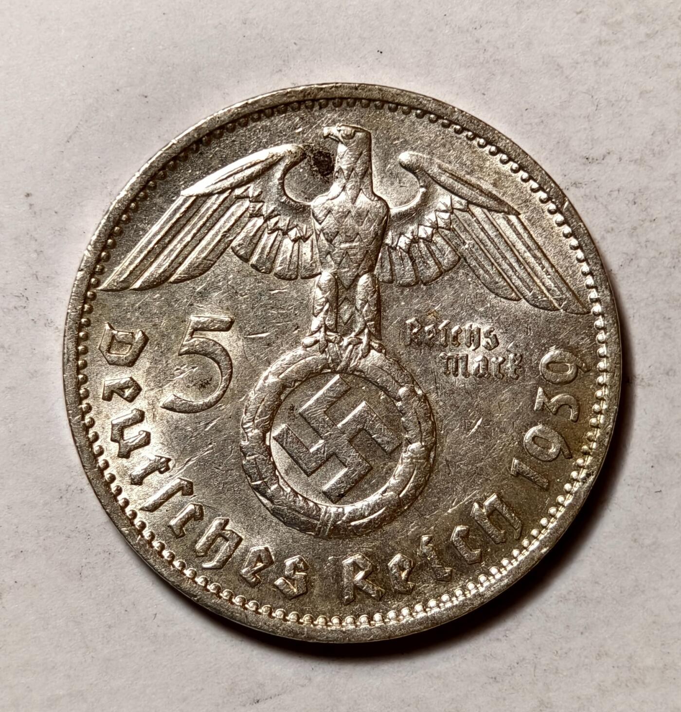 紫瑗钱币——第346期拍卖 德国 1939年 F版 兴登堡 字符 5马克 13.9克 0.9银