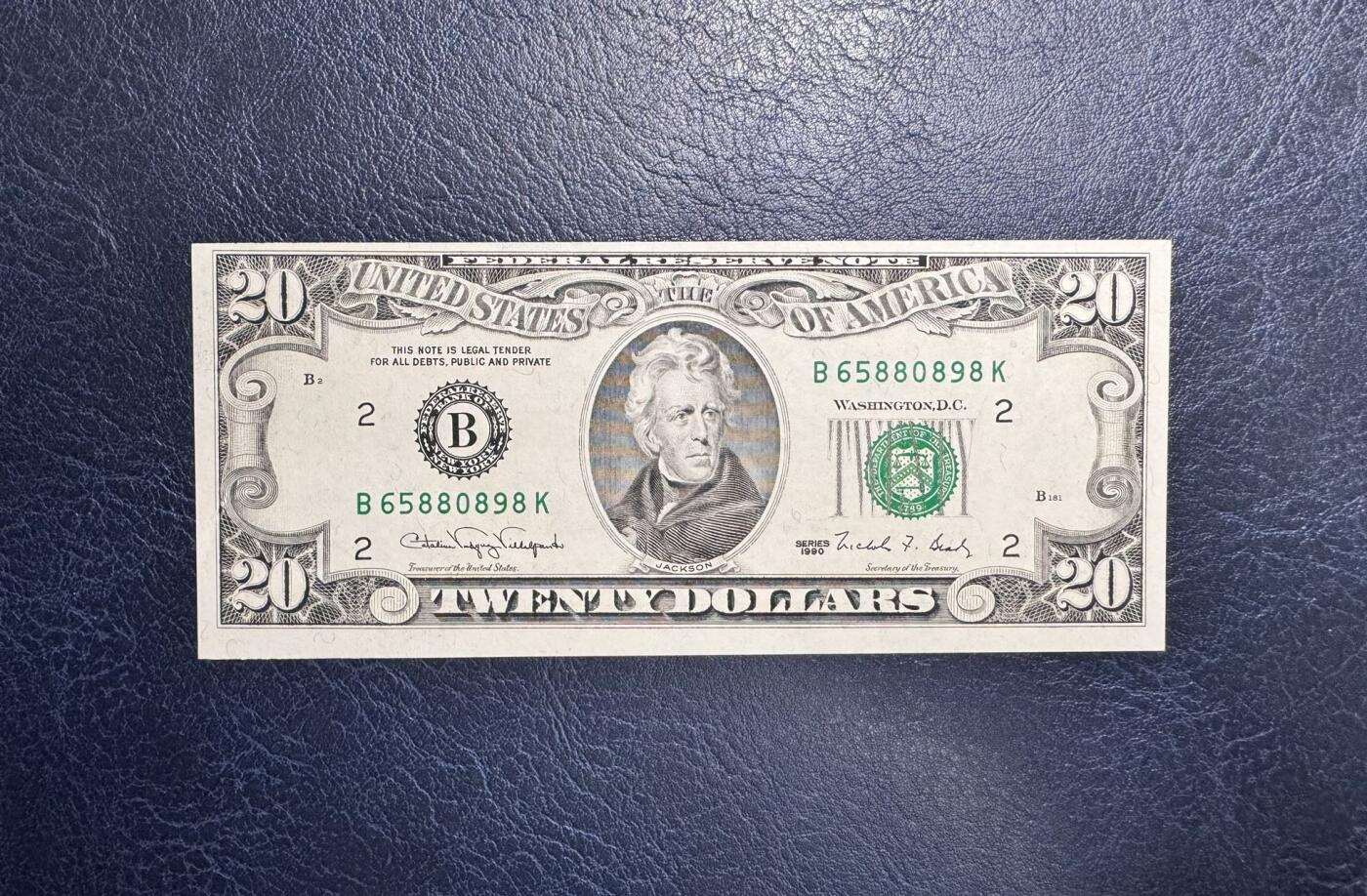 收藏联盟Quantum Auction 第344期拍卖  美国联邦储备1990年20元 品相为全新UNC