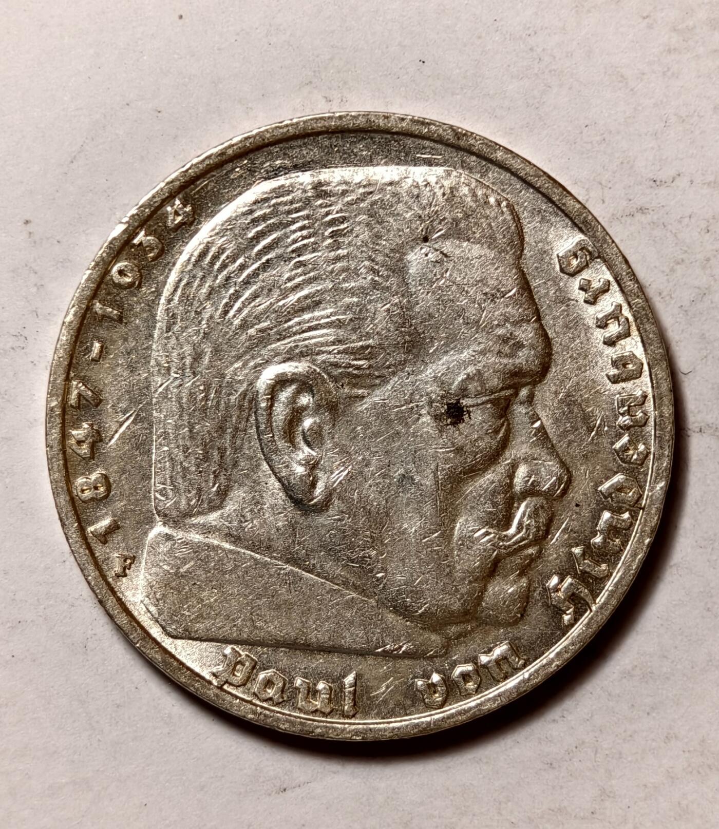 紫瑗钱币——第346期拍卖 德国 1939年 F版 兴登堡 字符 5马克 13.9克 0.9银