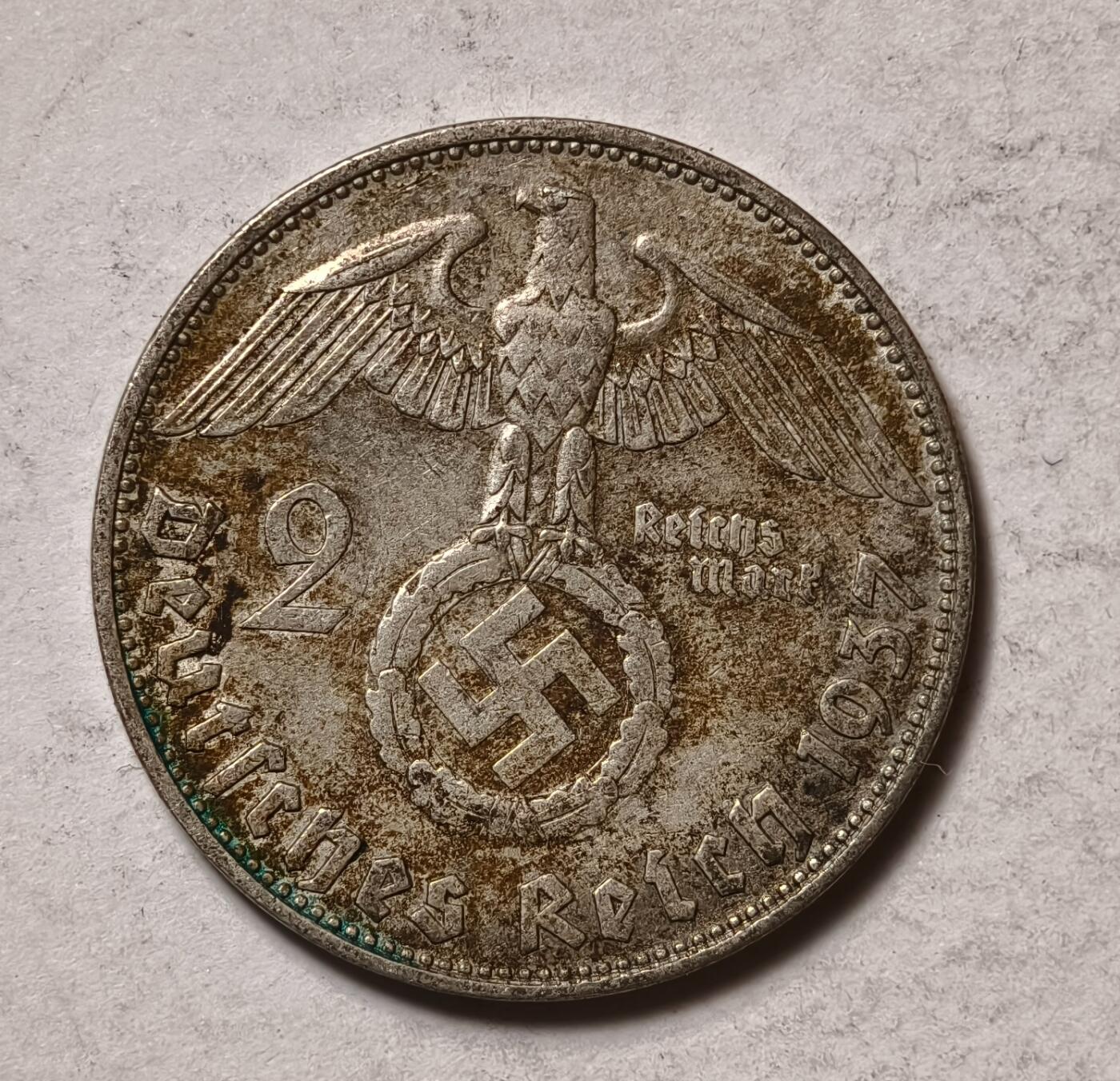 紫瑗钱币——第346期拍卖 德国 1937年  D版 兴登堡 字符 2马克 8克 0.625银