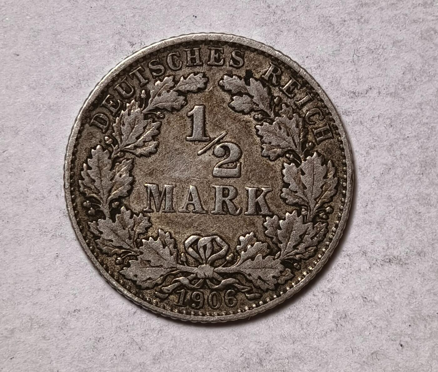 紫瑗钱币——第346期拍卖 德国 1906年 D版 第二帝国  1/2马克 银币 2.77克 0.9银