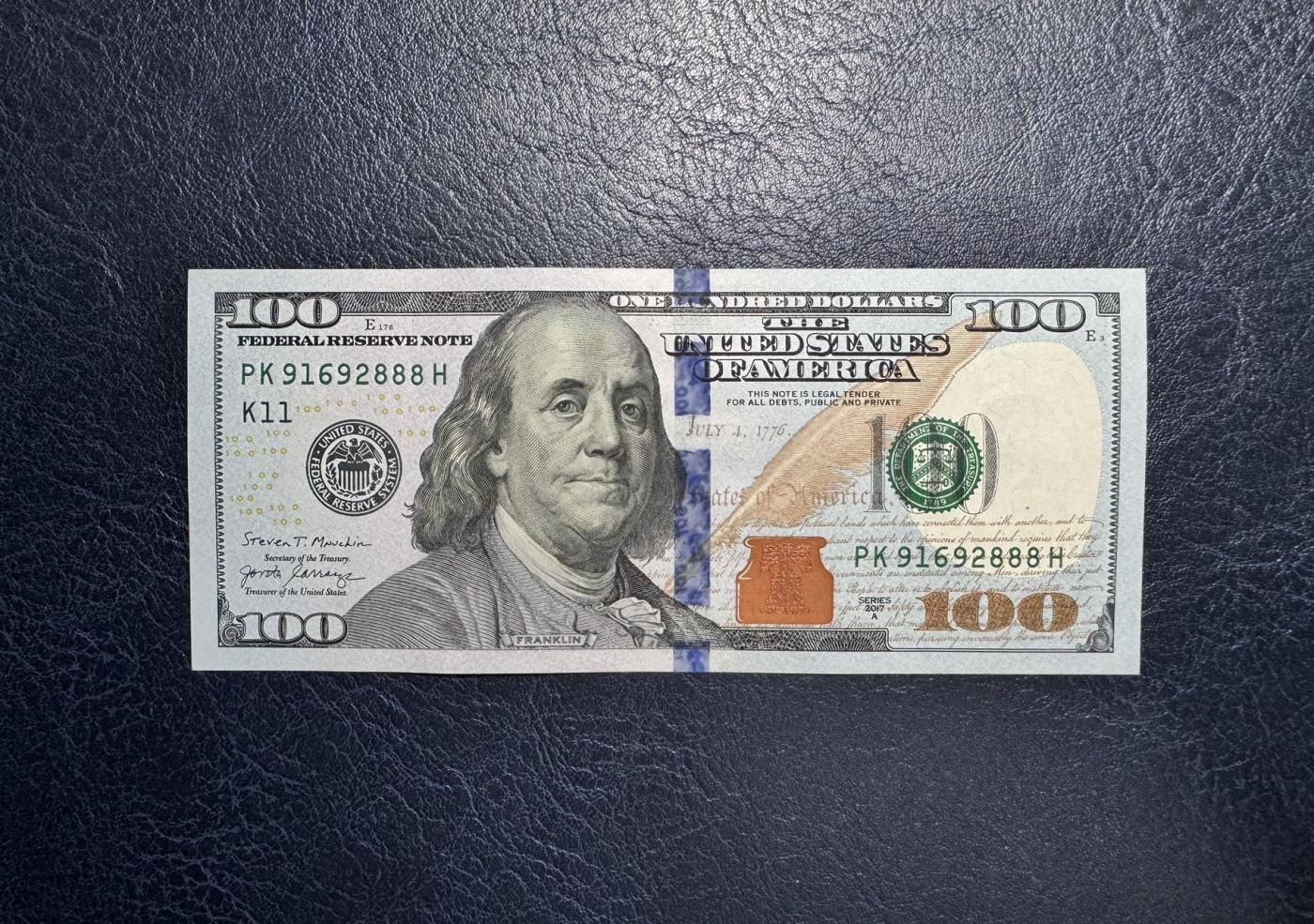 收藏联盟Quantum Auction 第344期拍卖  美国联邦2017年100美金豹子号888 品相UNC 号码无3457朦胧号