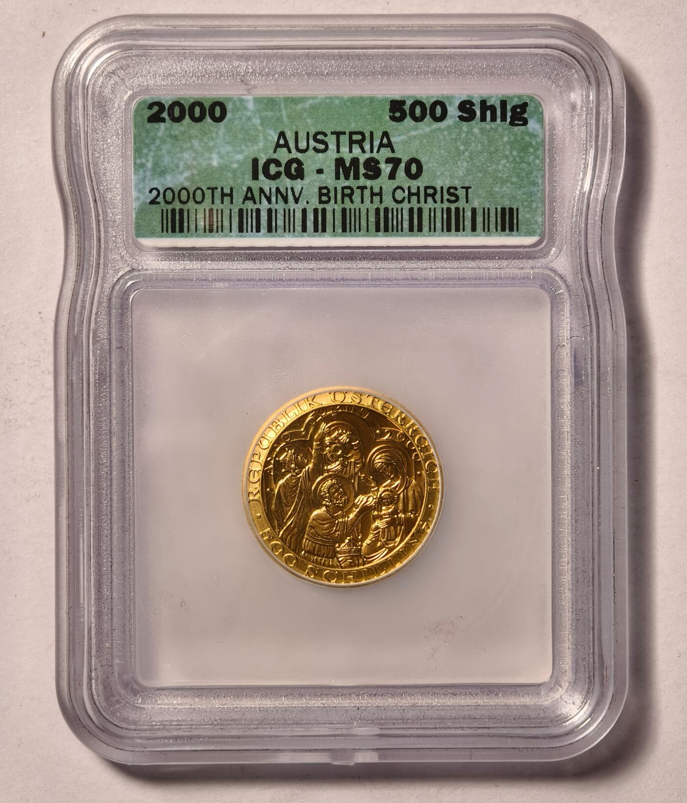 紫瑗钱币——第346期拍卖 奥地利 2000年 耶稣基督2000岁生日 500先令 10.14克 0.986金 ICG MS70