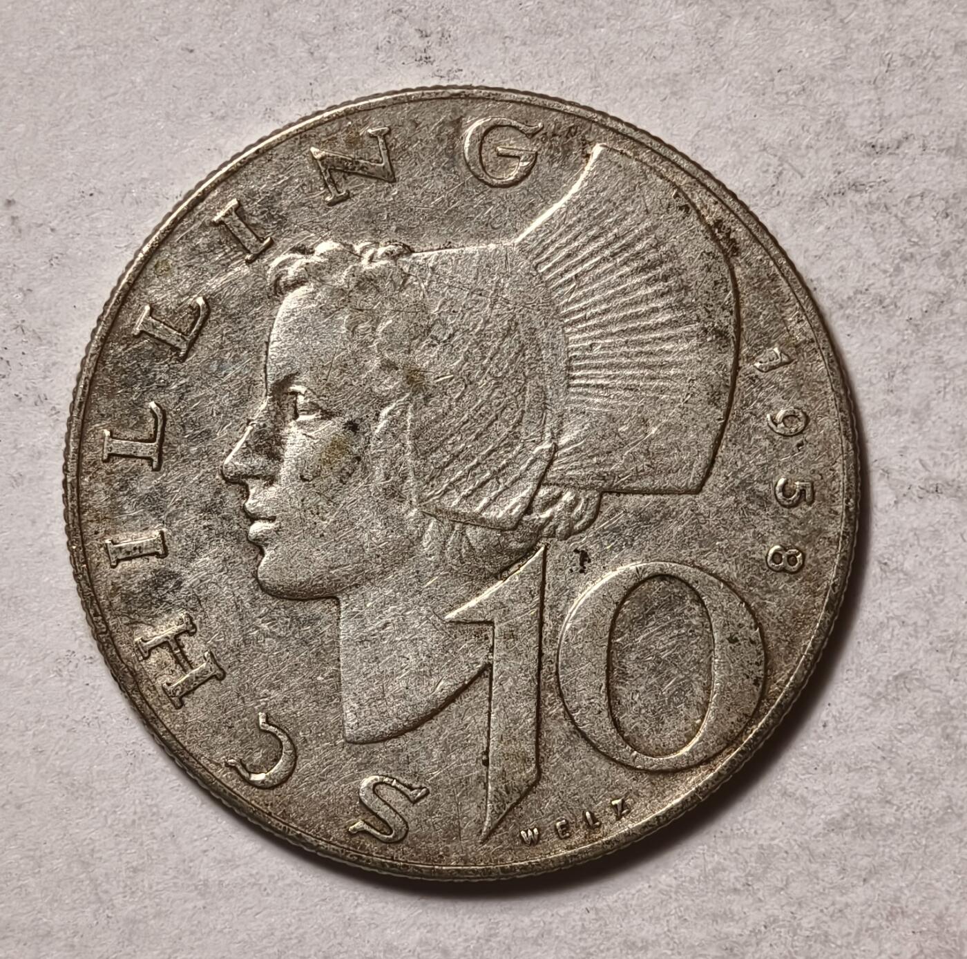 紫瑗钱币——第346期拍卖 奥地利 1958年 女神 10先令 7.5克 0.64银