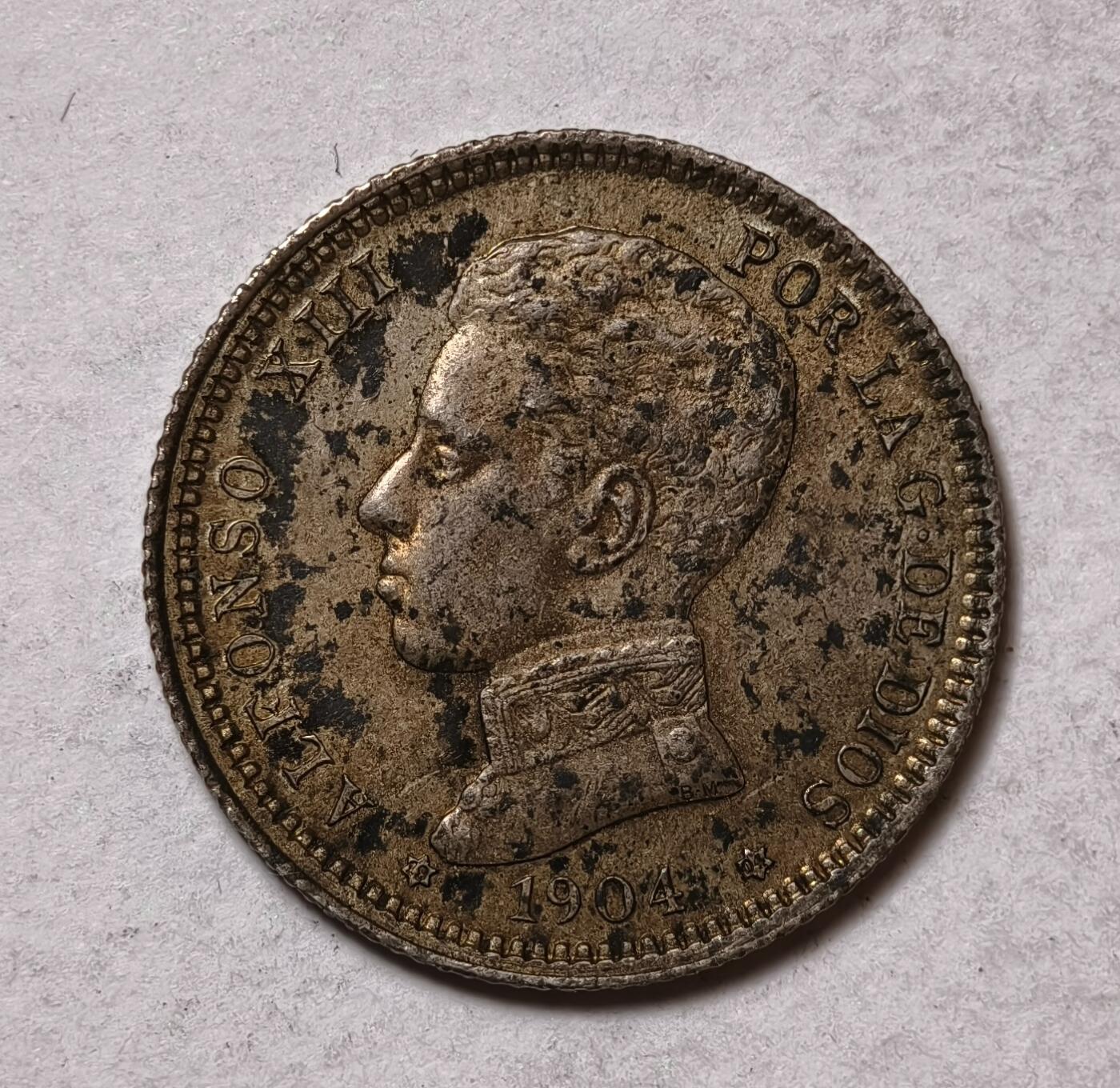 紫瑗钱币——第346期拍卖 西班牙 1904年 阿方索十三世 少年头 1比塞塔 5克 0.835银 AUNC