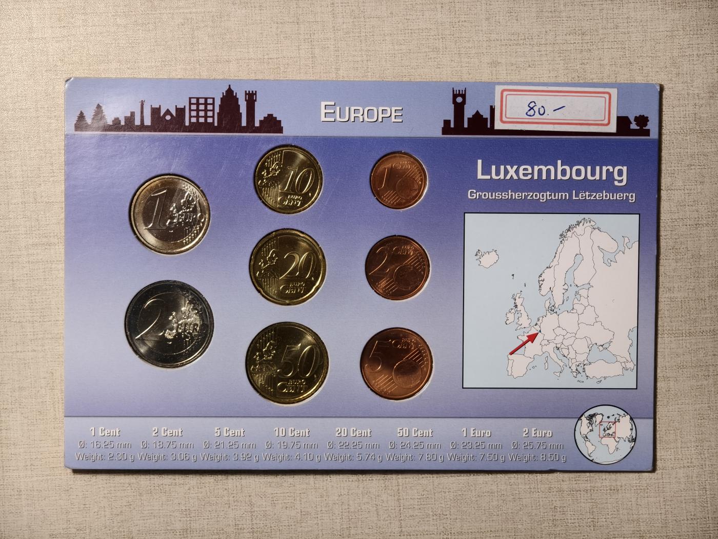 紫瑗钱币——第346期拍卖 卢森堡 欧元 流通硬币 1欧分—2欧元 8枚全套 UNC 卡装