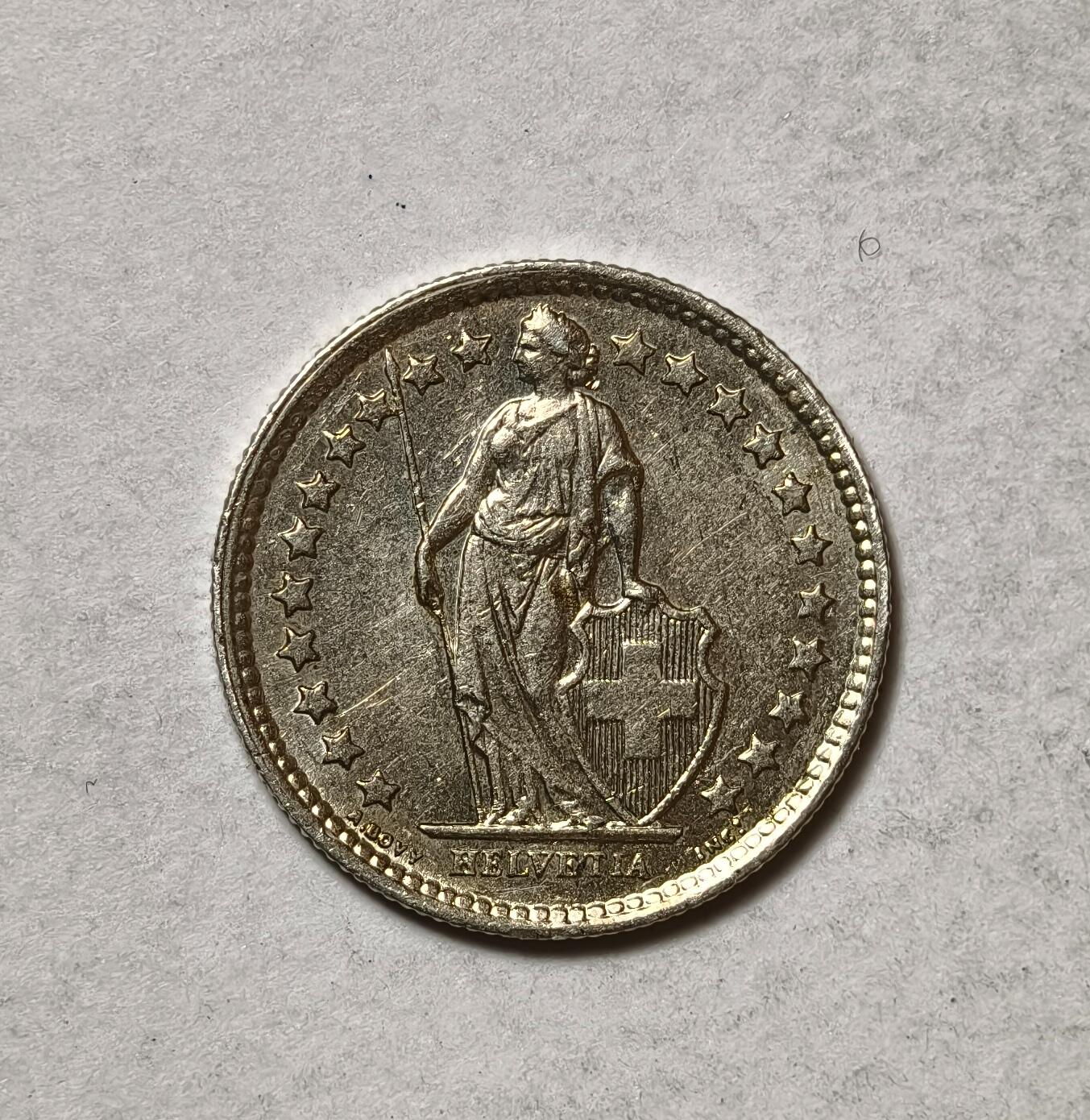 紫瑗钱币——第346期拍卖 瑞士  1960年 B版  赫尔维蒂女神 1/2法郎  2.5克 0.835银 UNC