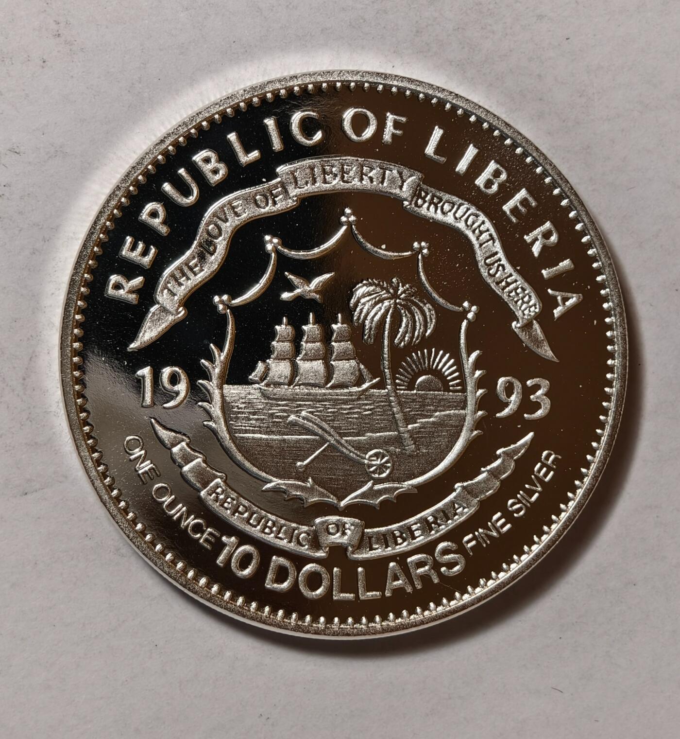 紫瑗钱币——第346期拍卖 利比里亚 1993年 约翰·肯尼迪总统 10元 1盎司 31.1克 0.925银 精制