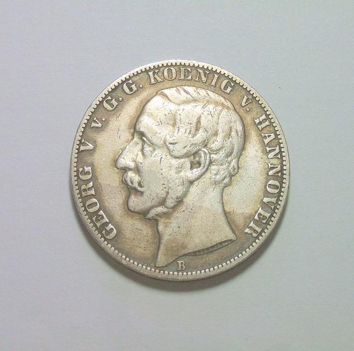 德国汉诺威1866年 乔治五世狮马1泰勒银币 极美品 