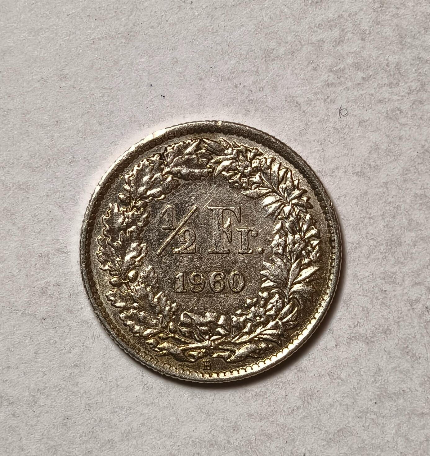 紫瑗钱币——第346期拍卖 瑞士  1960年 B版  赫尔维蒂女神 1/2法郎  2.5克 0.835银 UNC