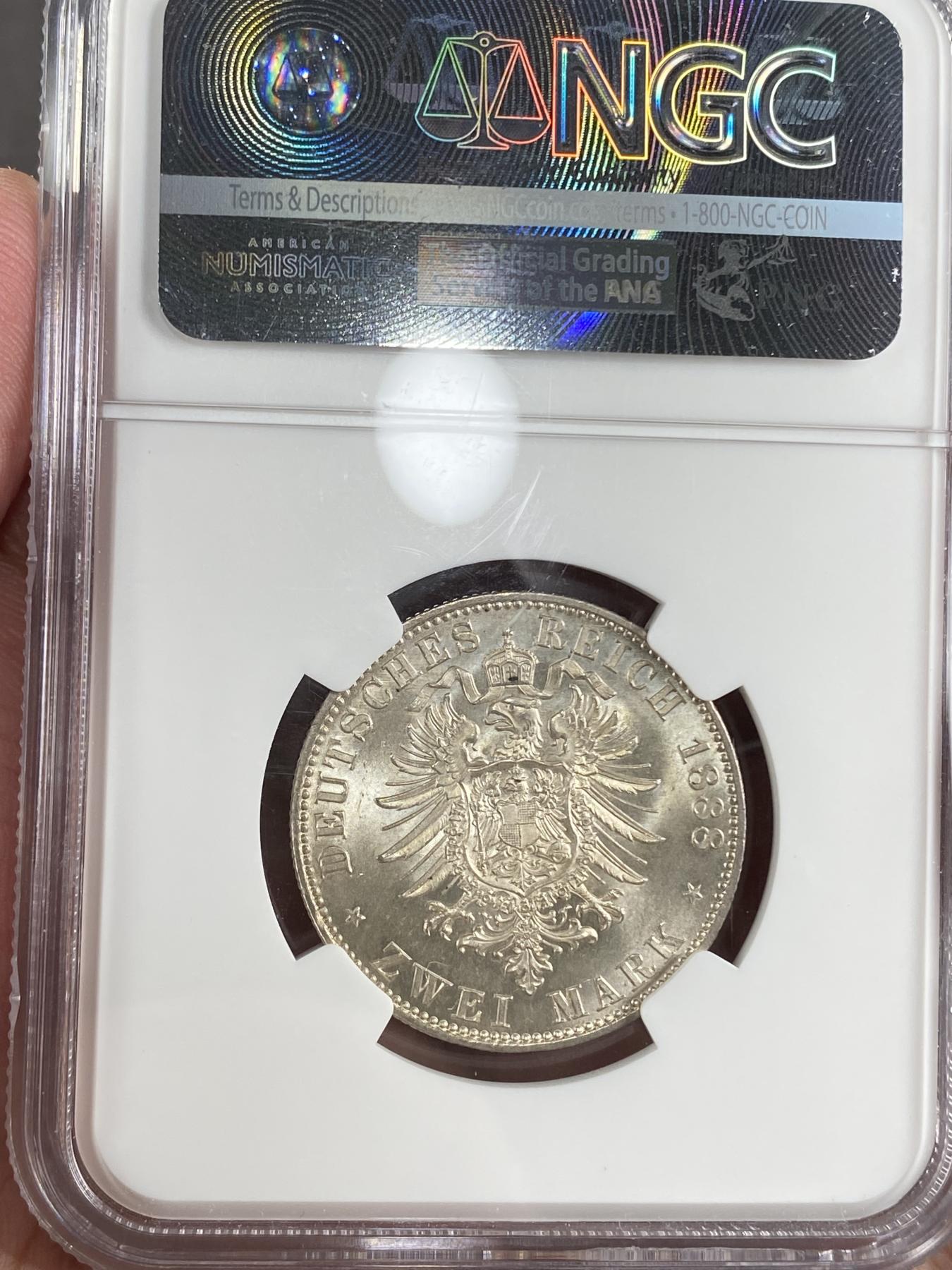万国钱币拍卖第025期（槐月至·百币艳） NGC MS64 1888德国三皇之年威廉二世短翅2马克 单年发行140000枚，BU暴光，难得品相。
