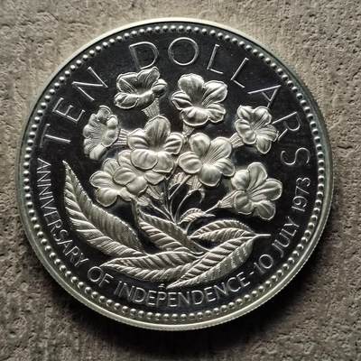 0起1加再包邮-纯粹捡漏拍-325银币套币场 - 【少见】巴哈马1977年10元黄钟花独立纪念50MM超大精制纪念银币-量4424