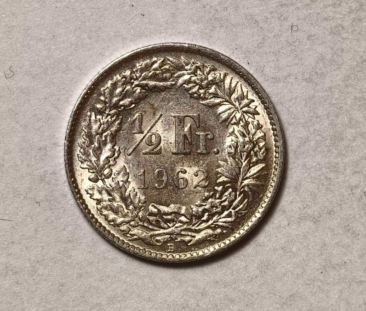 紫瑗钱币——第346期拍卖 瑞士  1962年 B版  赫尔维蒂女神 1/2法郎  2.5克 0.835银 UNC