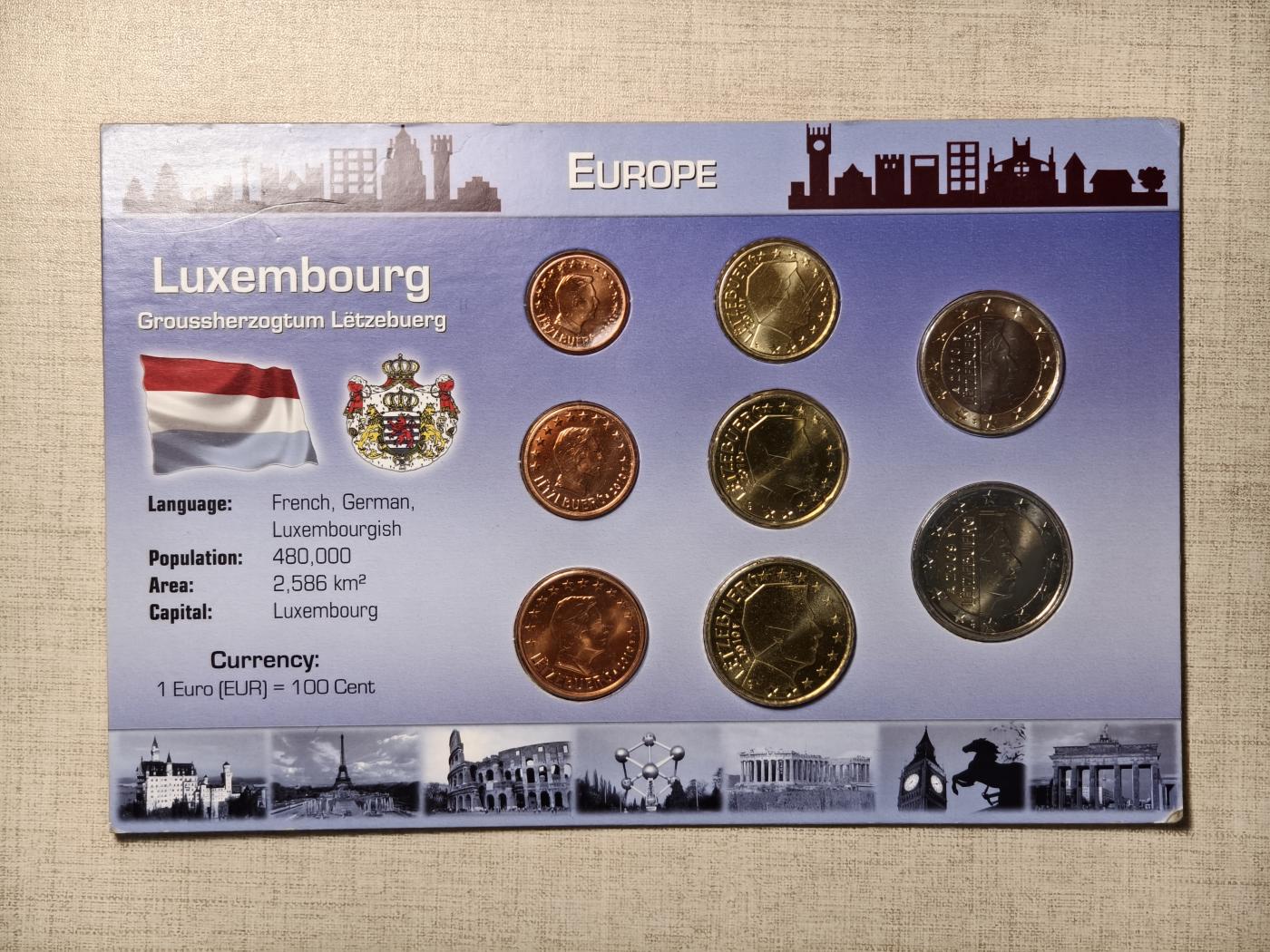 紫瑗钱币——第346期拍卖 卢森堡 欧元 流通硬币 1欧分—2欧元 8枚全套 UNC 卡装