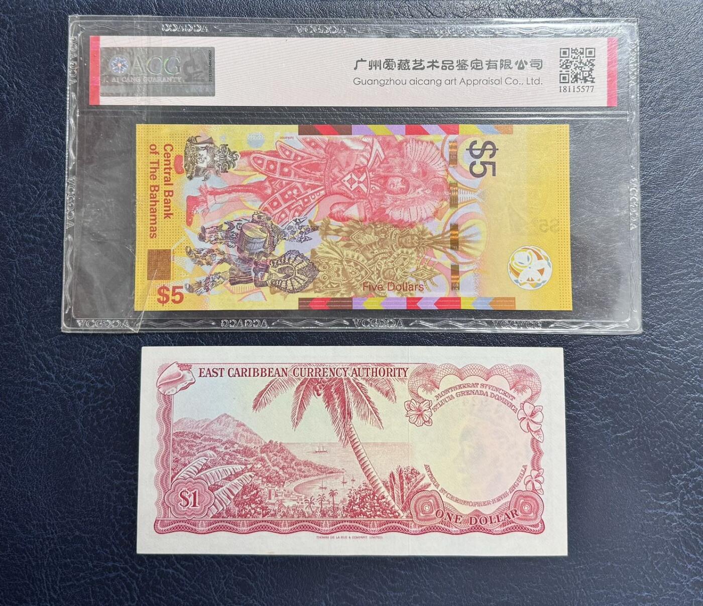 收藏联盟Quantum Auction 第344期拍卖  巴哈马2020年5元首发A冠和东加勒比1965年1元 ACG68 东加品相为AU