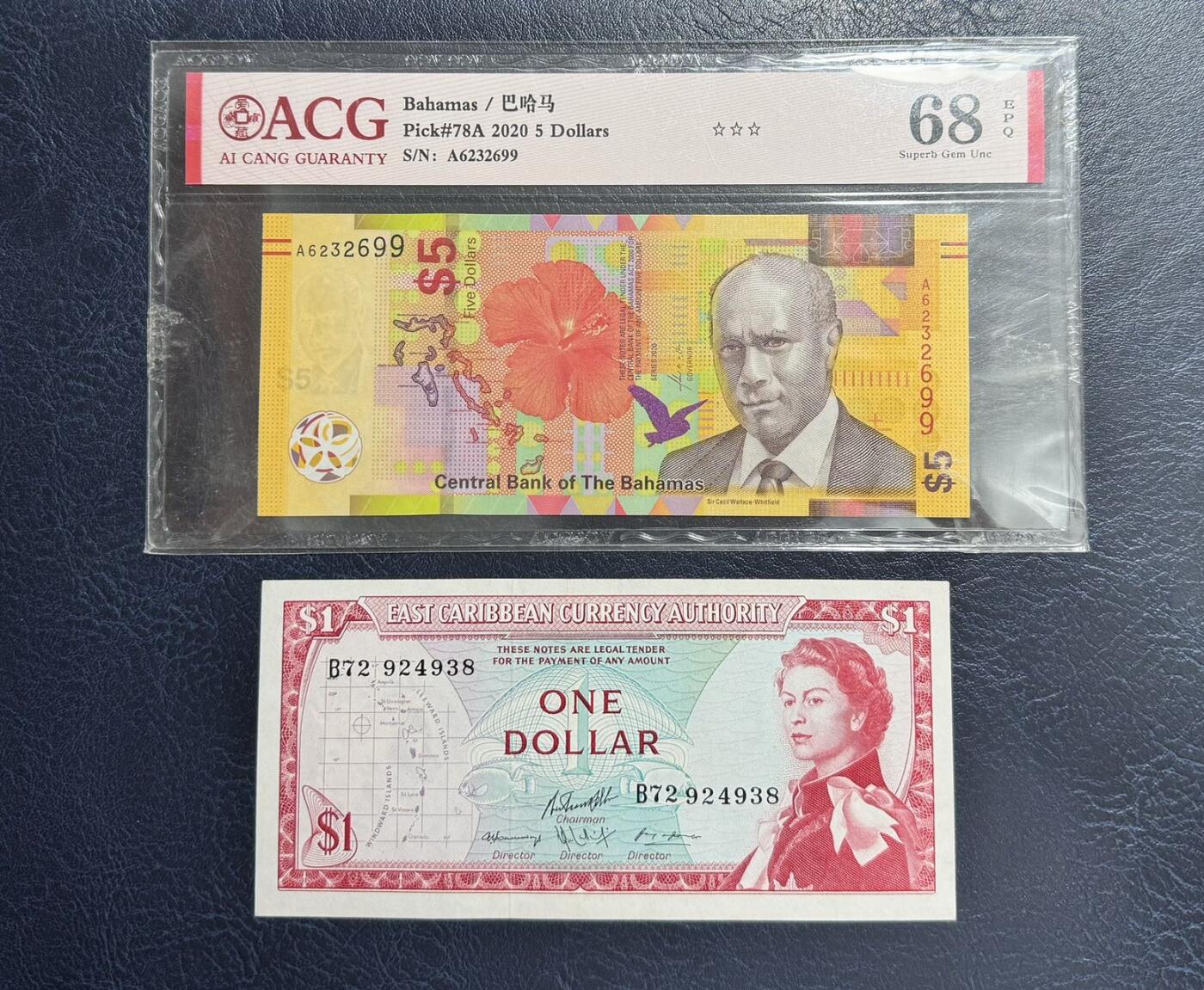 收藏联盟Quantum Auction 第344期拍卖  巴哈马2020年5元首发A冠和东加勒比1965年1元 ACG68 东加品相为AU