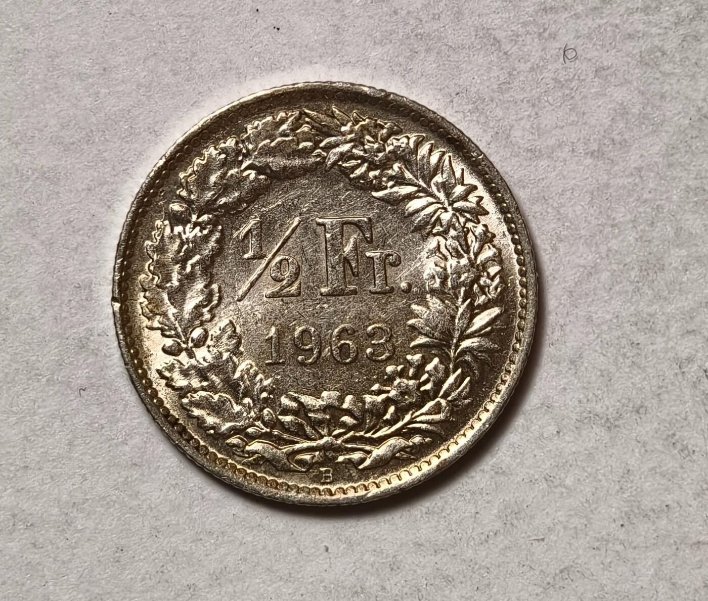 紫瑗钱币——第346期拍卖 瑞士  1963年 B版  赫尔维蒂女神 1/2法郎  2.5克 0.835银 UNC