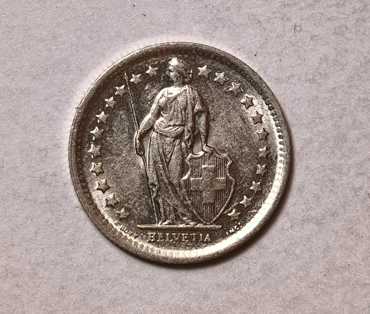 紫瑗钱币——第346期拍卖 瑞士  1965年 B版  赫尔维蒂女神 1/2法郎  2.5克 0.835银 UNC