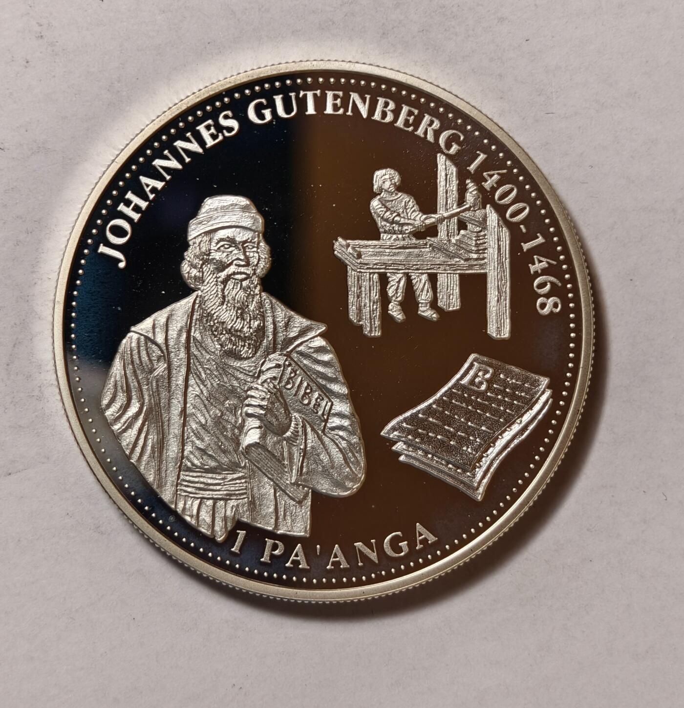 紫瑗钱币——第346期拍卖 汤加 1993年 约翰内斯·古腾堡  1潘加 31.47克 0.925银 精制