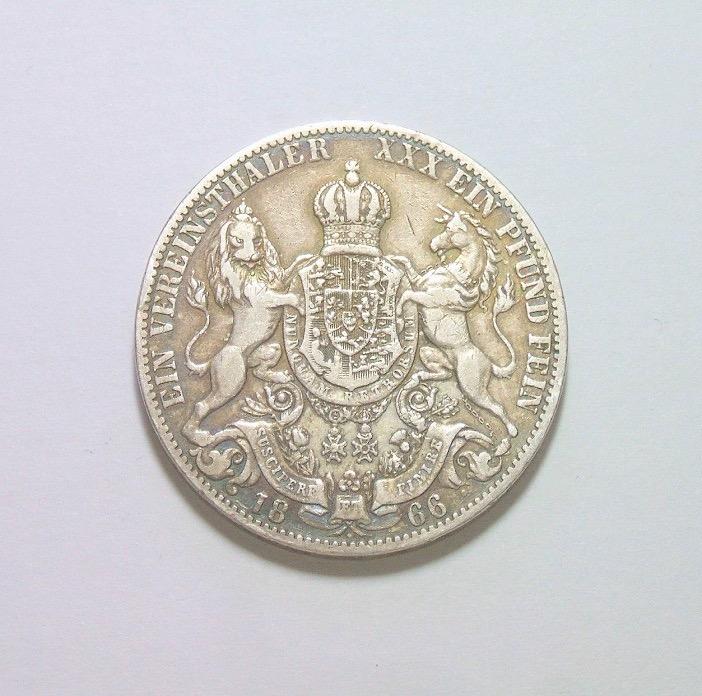 德国汉诺威1866年 乔治五世狮马1泰勒银币 极美品 