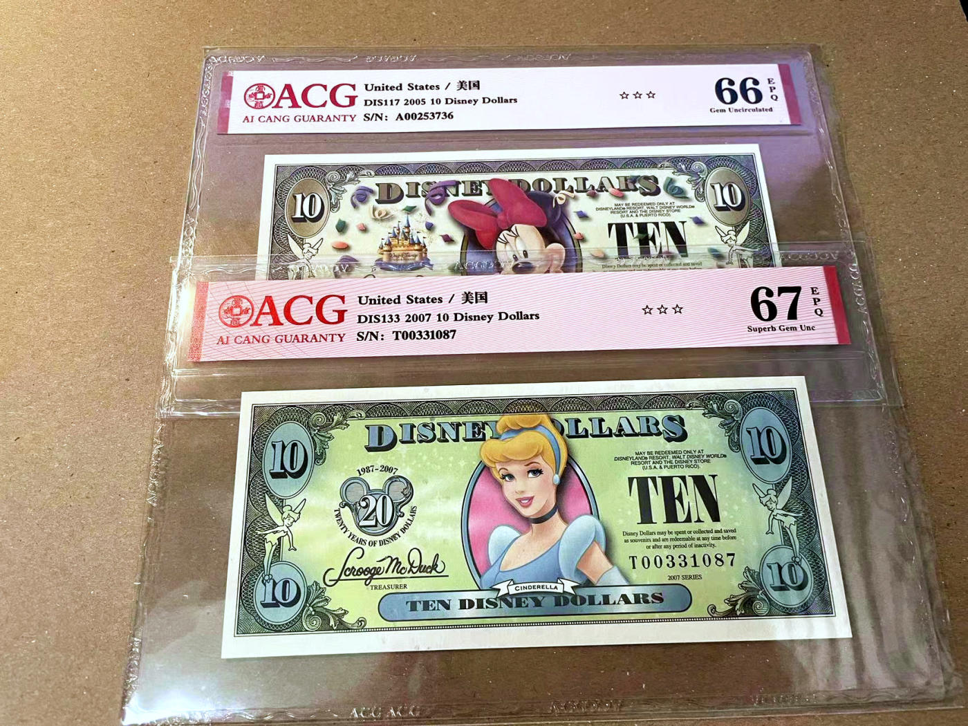 【Blue Auction】✨世界纸币精拍第473期【精】 【一组2张】美国 迪士尼 2005-07年10元 ACG67EPQ-66EPQ 