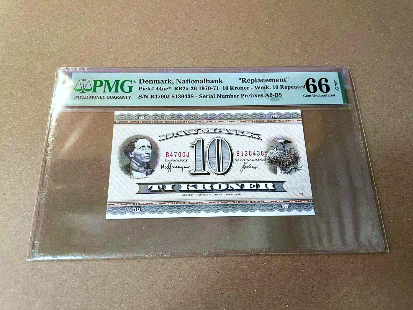 【Blue Auction】✨世界纸币精拍第473期【精】 【补号】丹麦 1970-71年10克朗 安徒生 PMG66EPQ 