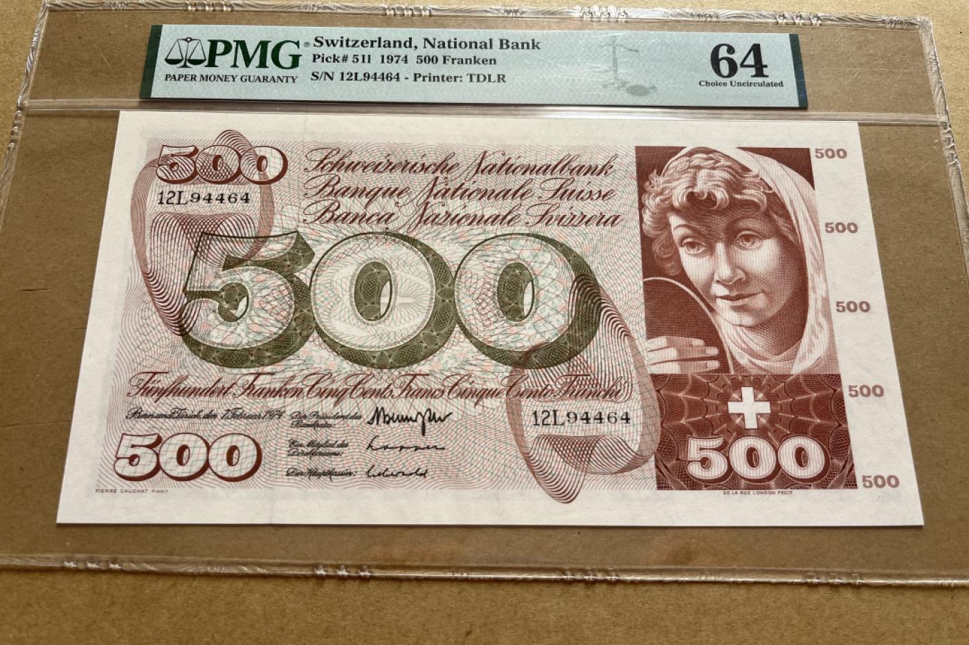 【Blue Auction】✨世界纸币精拍第473期【精】  瑞士 1974年500法郎 经典青春泉 PMG64 超大票幅 非常精美