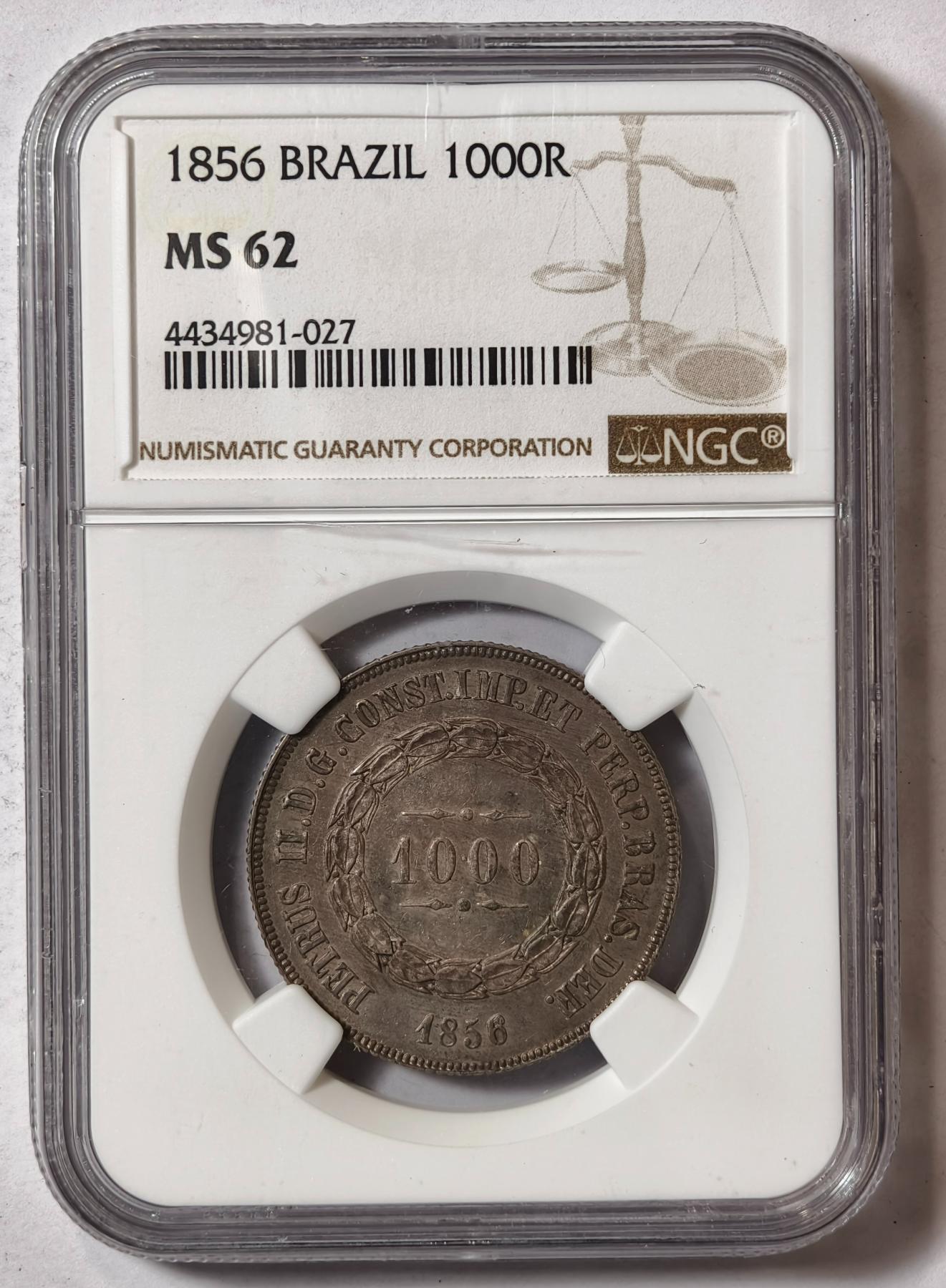 紫瑗钱币——第346期拍卖 巴西帝国 1856年 盾徽 1000瑞尔 银币 NGC MS62 老藏家包浆