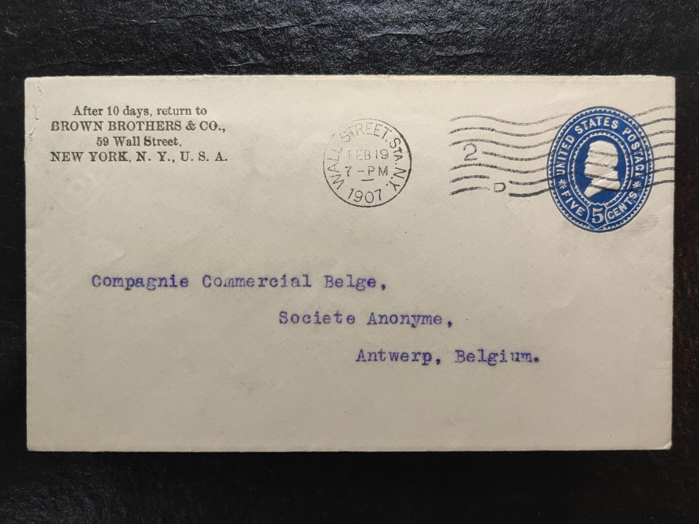 多国邮品💰🌞💰（0起拍）精品🔭专场🌟第67场 美国 1907年 实寄商业邮封 背有完整落地戳 邮资5美分
