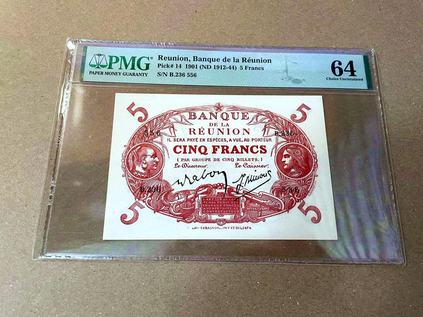 【Blue Auction】✨世界纸币精拍第473期【精】 【无47】留尼旺早期 1901年5法郎 PMG64 当地风土人情 克劳斯仅给出了XF的参考价 可见UNC的稀缺性