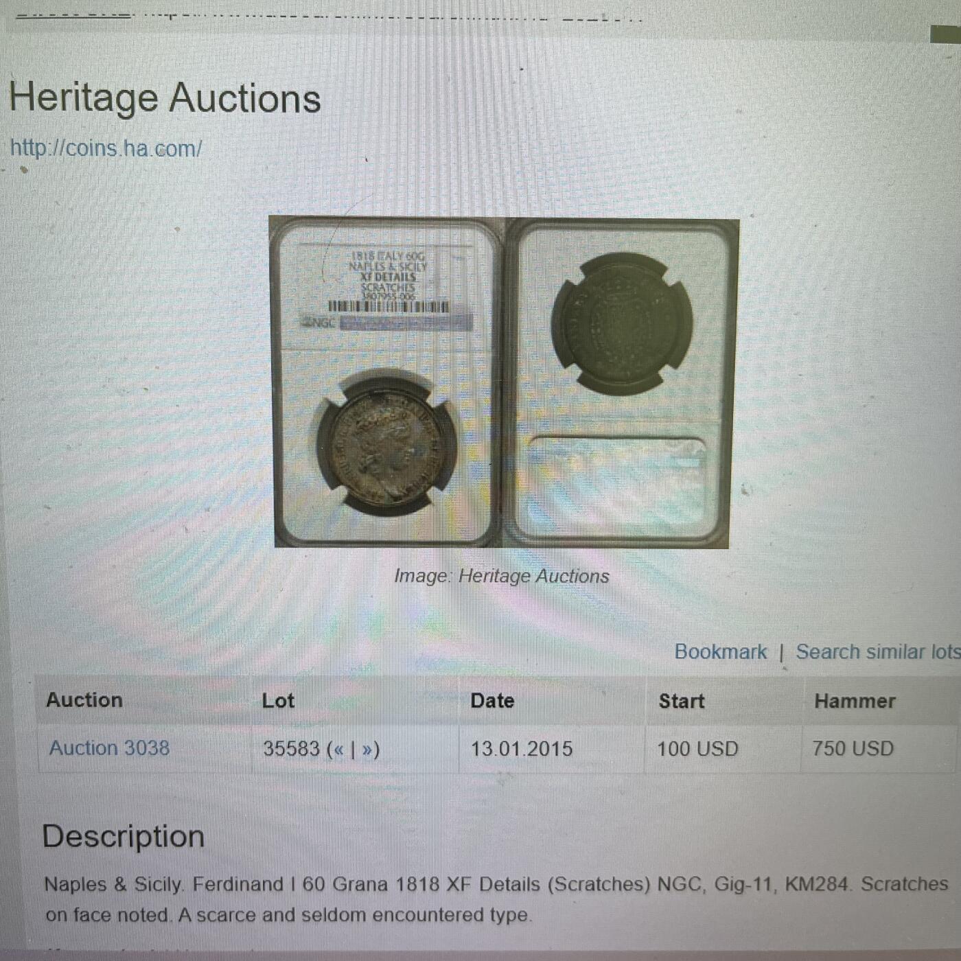 PCGS-XF40 1818意大利那不勒斯西西里60G 稀有原味 最高分
