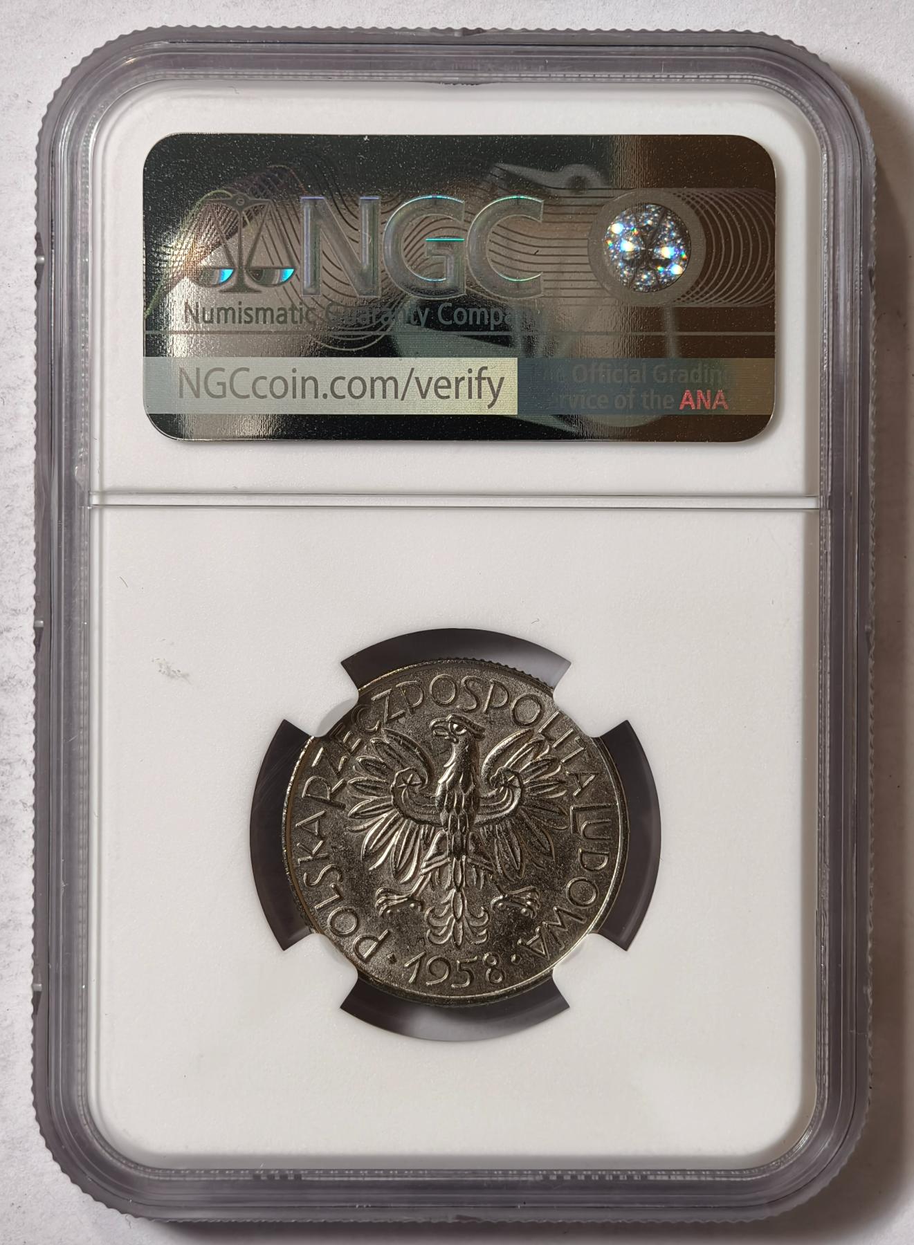 紫瑗钱币——第346期拍卖 波兰 1958年 橡树样币 1兹罗提 镍币 NGC MS63 (KM P-219a)