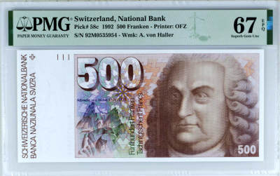 【Blue Auction】✨世界纸币精拍第473期【精】 -  【亚军分】瑞士 1992年500法郎 大胖子 PMG67EPQ 高分 一步到位的藏品