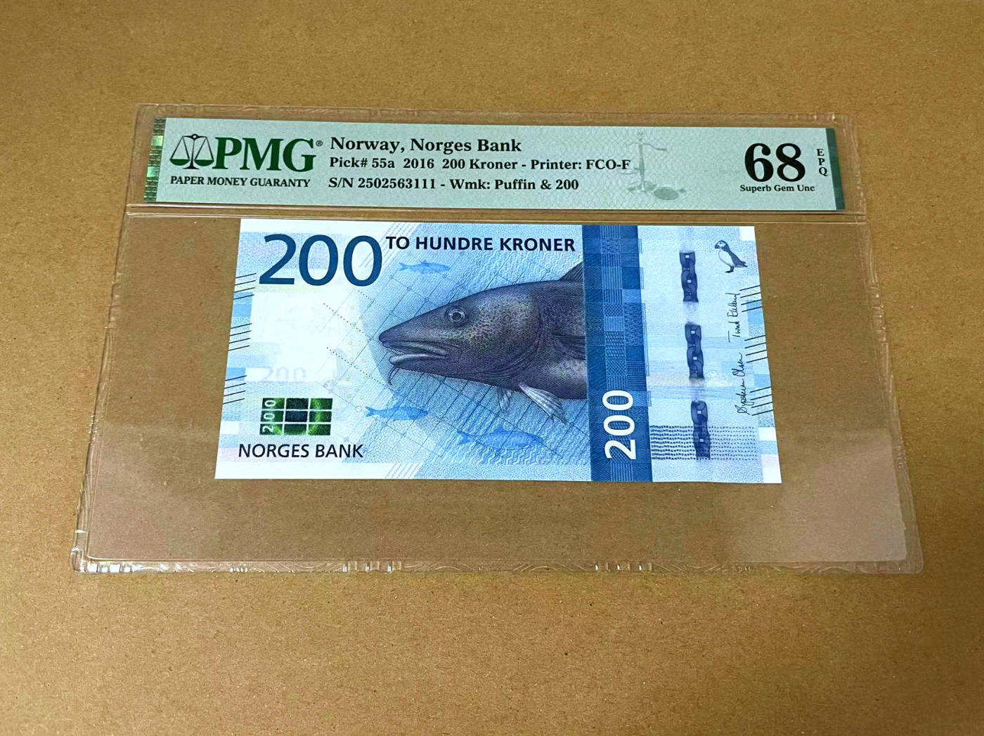 【Blue Auction】✨世界纸币精拍第473期【精】 【111豹子号无47】挪威 2016年200克朗 PMG68EPQ 超高分